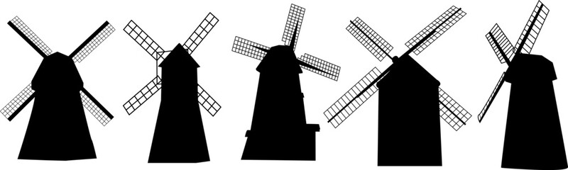 windmills silhouette set, vector on white background