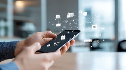 Person holds smartphone with digital icons, concept of modern technology and online connectivity.