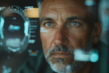 Focused middle-aged Caucasian man analyzing data on a futuristic display, showcasing determination and concentration.