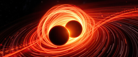 digital representation of two closely positioned supermassive black holes surrounded by swirling light