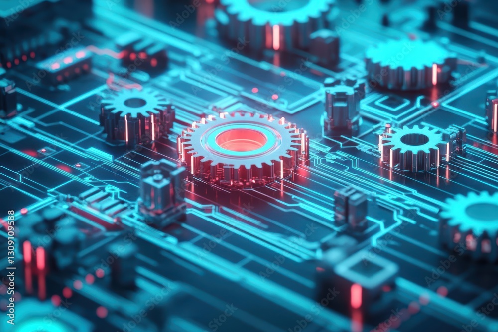 Poster intricate computer circuit design featuring interconnected gears symbolizing technology innovation a