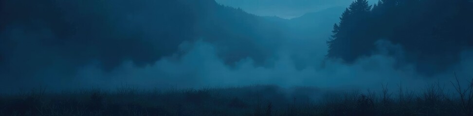 Fototapeta premium Dark mist rises from the ground softly blending into a dark background, ambiance, foggy night