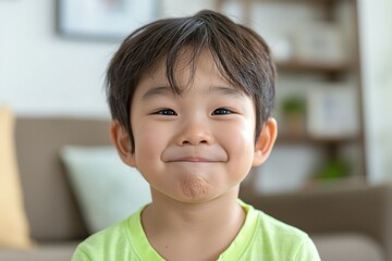 A joyful young Asian boy with a big smile, wearing a bright green shirt, sitting comfortably in a cozy living room.