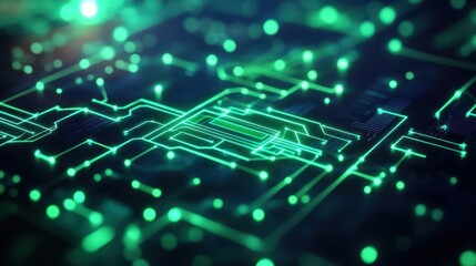 Obraz premium Illuminated Circuit Board with Vibrant Green Lights Creating a High-Tech Atmosphere Highlighting Innovation and Modern Technology in Digital Era