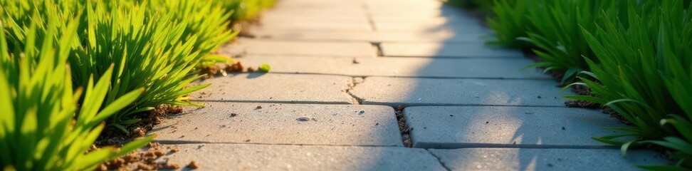 Crisp, defined shadows of long grass blades on a cracked concrete sidewalk , high resolution, sharp shadows, texture