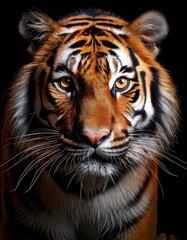 Fototapeta premium Generated imageStriking close-up portrait of a tiger with a direct gaze, set against a dark background, highlighting its majestic features.