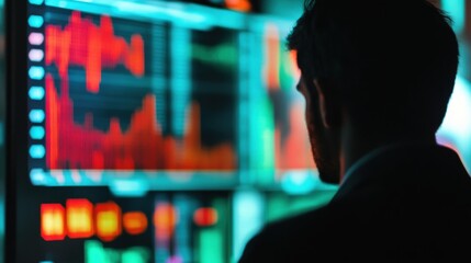 Business professional analyzing financial data on digital screens in a modern office environment