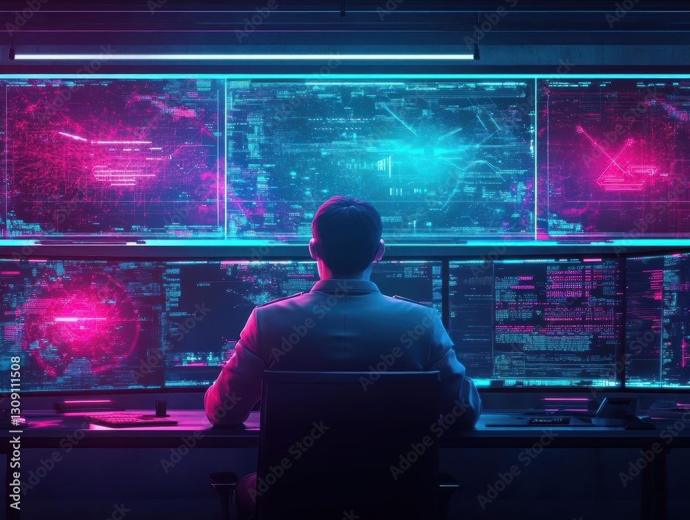 Poster focused professional man working at modern desk surrounded by multiple computer screens creating a d