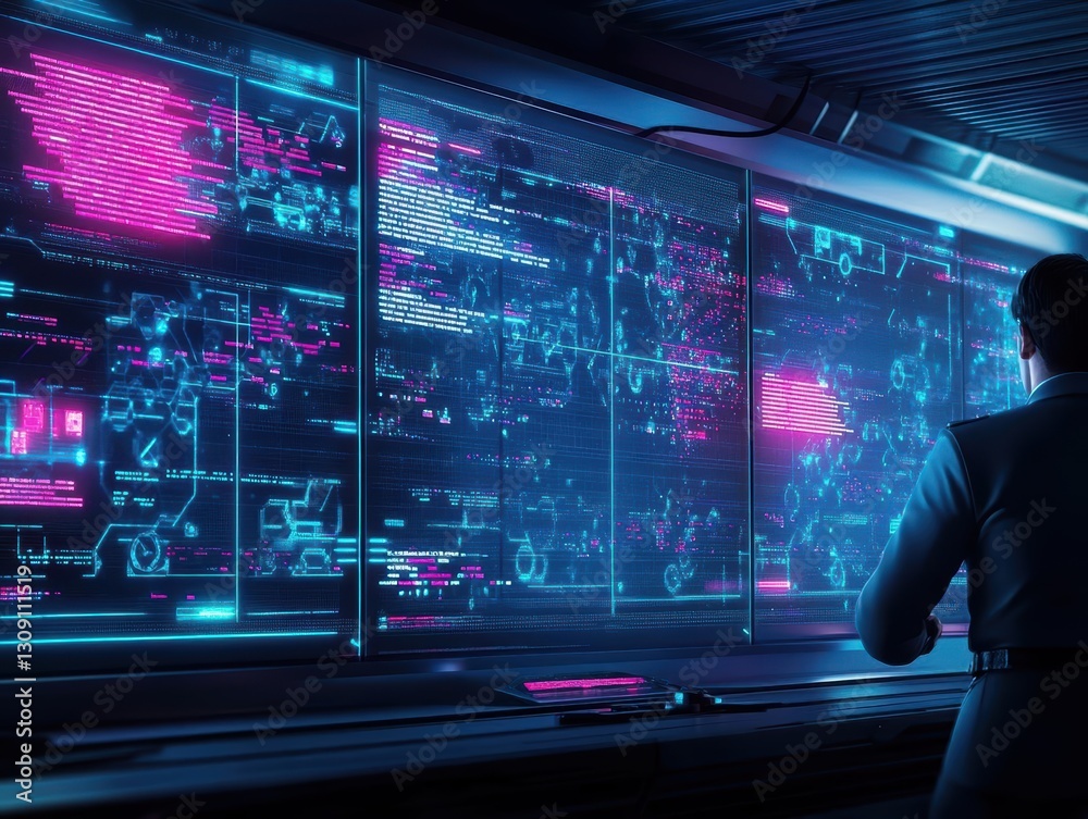 Poster a man gazes intently at a large futuristic screen displaying vibrant data visuals and interactive el