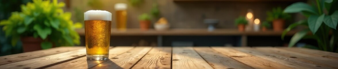 Foam-covered beer glass on a wooden planks table with plants, decor, plants