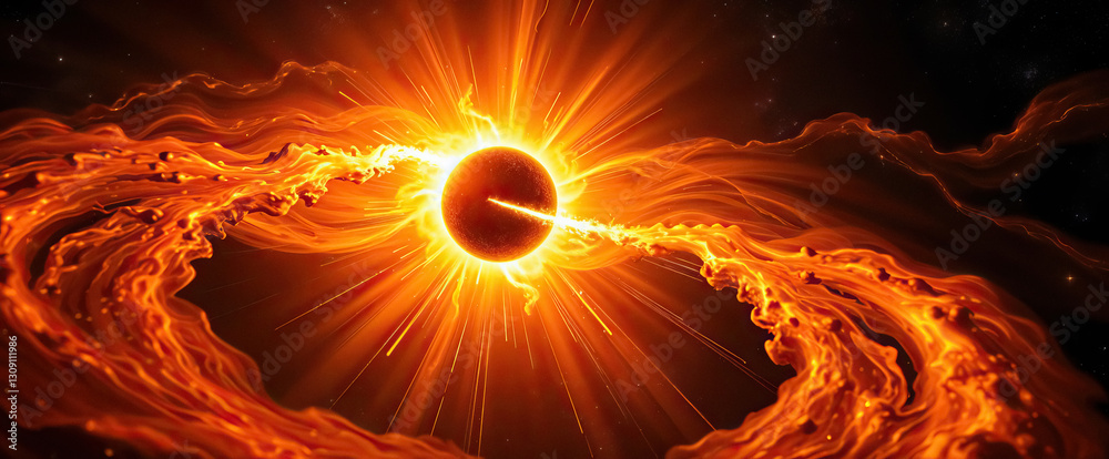 Poster radiant celestial body emits powerful energy beam surrounded by fiery nebula clouds in deep space