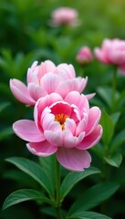 Fototapeta premium Soft pink peony blossoms, lush green foliage background, flower petals, romantic, bloom