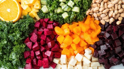 A colorful assortment of vegan salads with fresh ingredients like kale, beets, nuts, and citrus fruits, arranged on a white plate.