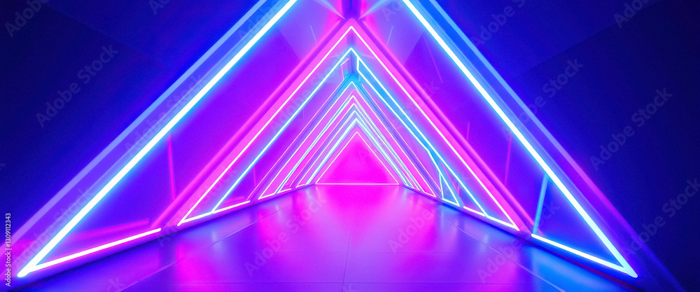 Poster vibrant tunnel illuminated by neon lights forming triangular shapes futuristic passage