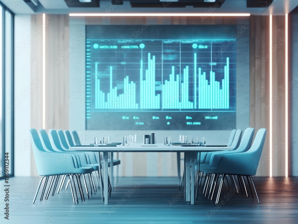 Poster modern conference room with large screen displaying informative graphs and data visualizations promo