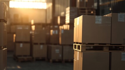 Logistics hub: A view of stacked cardboard boxes in a vast distribution warehouse
