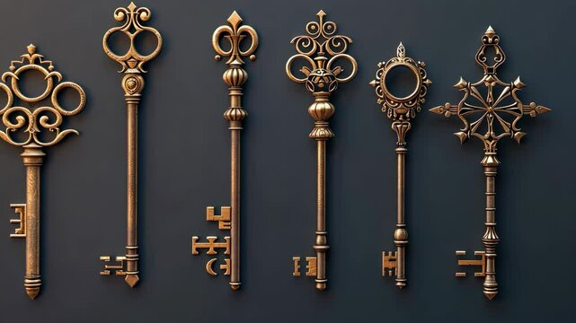 Various decorative keys are arranged against a dark backdrop, highlighting their unique shapes and artistic details