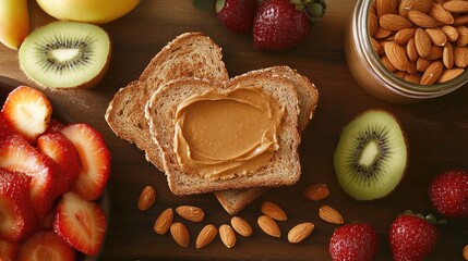A heart-healthy breakfast spread with fresh fruit, whole grain toast, and almond butter.