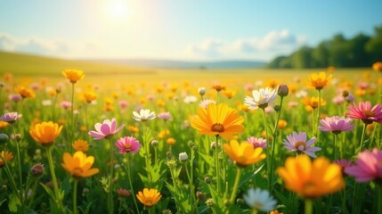 Obraz premium A Vibrant Meadow of Blossoming Flowers Basking in the Golden Hour Sunlight, a Serene and Peaceful Landscape of Nature's Beauty