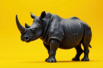 Fototapeta premium A dark gray rhinoceros figurine stands majestically against a vibrant yellow backdrop, showcasing intricate details and a powerful presence.