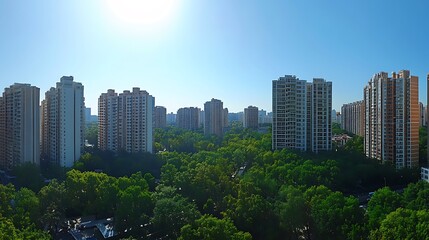 Obraz premium City buildings surround dense green trees, daytime use in background