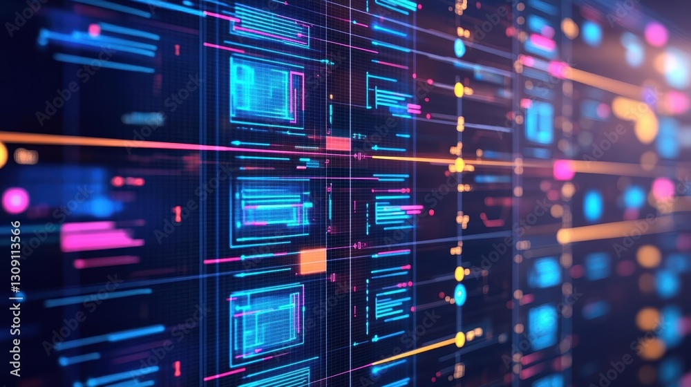 Poster vibrant wall of data displayed on computer screen with colorful graphs and charts illustrating compl