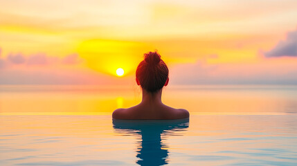 A woman is sitting in a pool with her head above the water