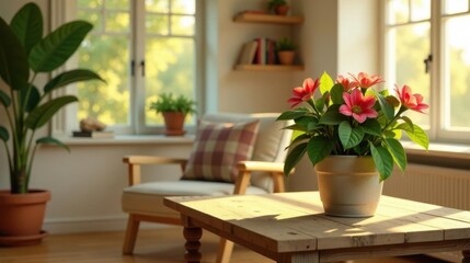 Fototapeta premium Sunlit Living Room with Blooming Potted Plant on Wooden Coffee Table