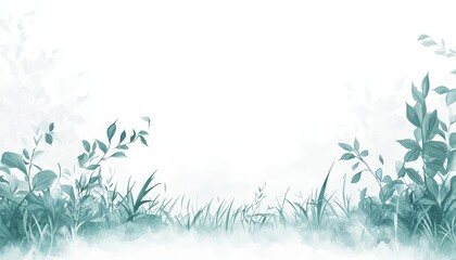 Pastel Teal Watercolor Background, Elegant Grass Silhouettes, Delicate Leaves, Airy Feel