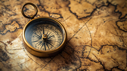 
Antique Compass on a Vintage Map with Faded Details
