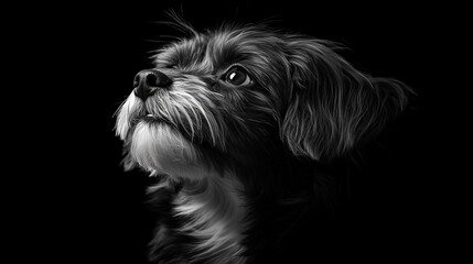 A black-and-white dog portrait, deep emotional expression in the eyes. Dramatic lighting, monochrome style, sense of nostalgia and sophistication. Fine-art pet photography, high-contrast, storytelling
