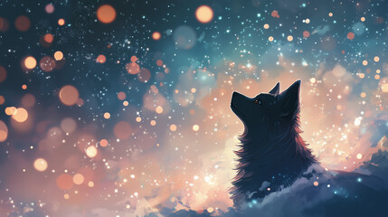 A dreamy and magical illustration of a dog surrounded by glowing stars and soft floating clouds, celestial and surreal. Gentle pastel gradient, light and airy. Fantasy-inspired pet art, dreamy tones