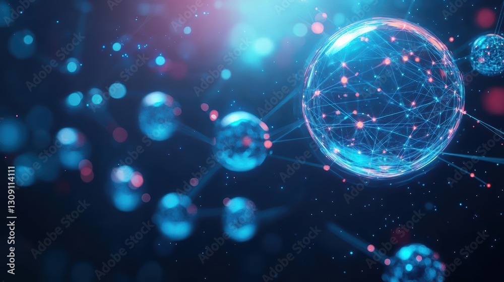 Poster intricate sphere composed of interconnected lines and dots representing a complex network with moder