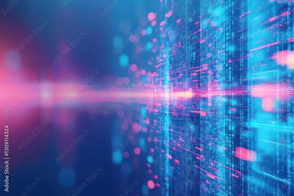 Poster vibrant blue and pink abstract background with intertwined binary code creating a futuristic and tec