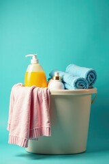 Laundry basket filled with clean clothes, towels, and washing gel, towels, household items