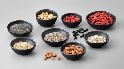 A variety of colorful superfoods such as chia seeds, quinoa, goji berries, and nuts displayed in small bowls on a neutral background.