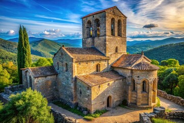 Fototapeta premium Historic Santa Magdalena de Puigsac Church in Catalonia showcases stunning Romanesque architecture.