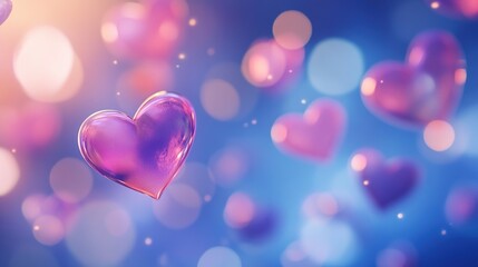 3D pink and purple hearts floating in the air, blue background