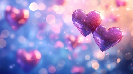 3D pink and purple hearts floating in the air, blue background