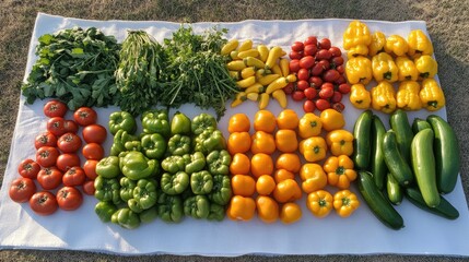 A variety of fresh, organic, locally grown vegetables laid out on a clean white cloth.