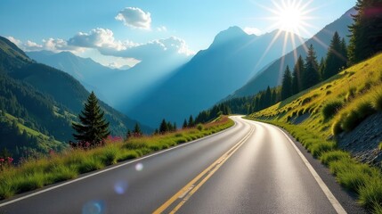 Fototapeta premium A scenic winding mountain road, bathed in sunlight, with lush green meadows and majestic peaks creating a breathtaking vista of natural beauty.