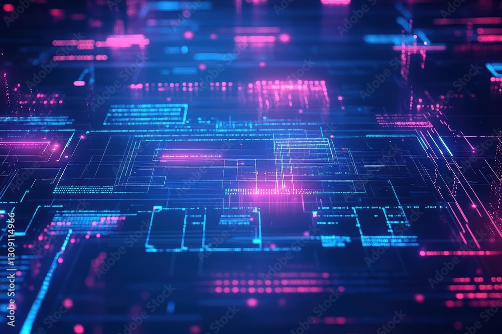 Poster futuristic computer circuit board illuminated with glowing blue and pink lights creating a high-tech
