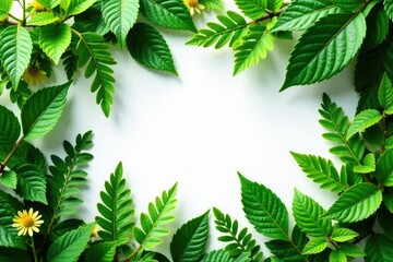 Layered foliage with ferns and other greenery on a crisp white surface, natural light, botanicals, serene