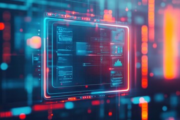 Obraz premium Vibrant Computer Screen Displaying Striking Red and Blue Background Creating a Bold Visual Contrast Amidst an Engaging Digital Workspace Environment