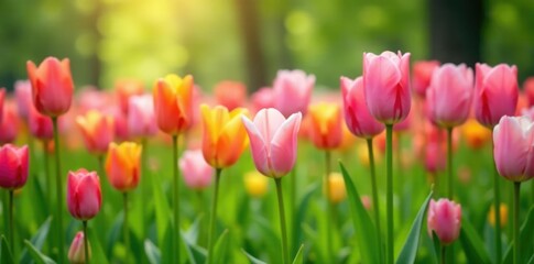 Fototapeta premium Pastel-colored tulips in a lush meadow with tall grasses, blooms, green