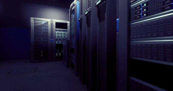 Rows of high tech servers glow with blue lights in a dimly lit server room, showcasing cutting edge equipment working efficiently at night.