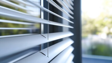 Modern window blind details with blurry nature background at daytime