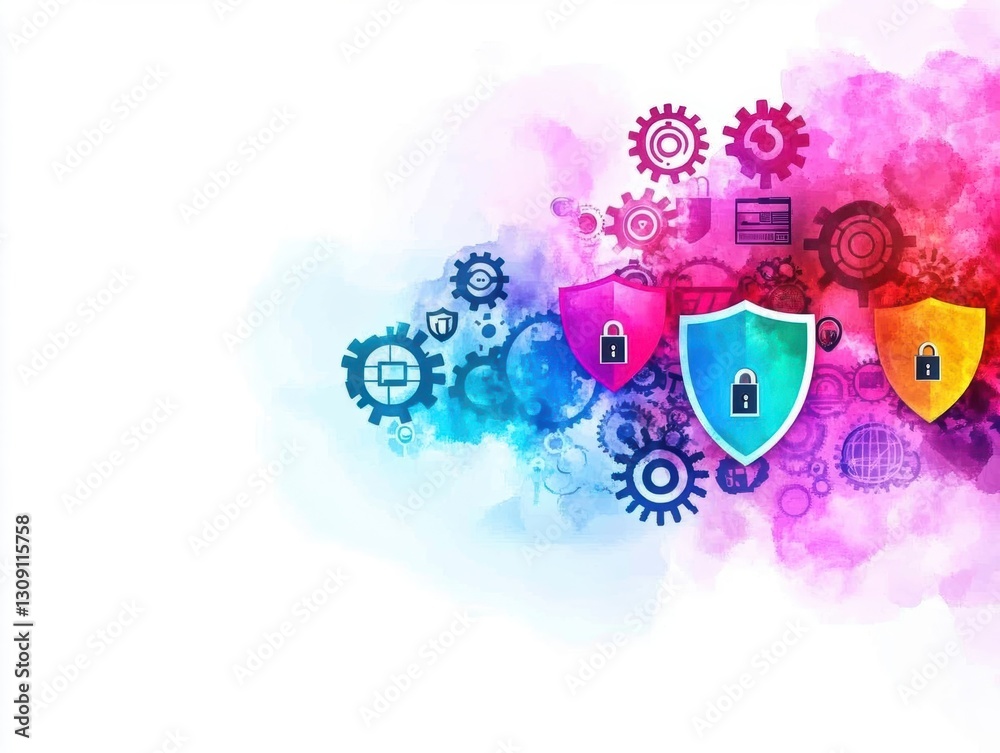 Poster vibrant colorful background featuring an array of icons and a central shield symbolizing protection 