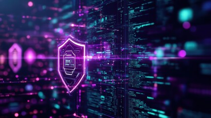 Futuristic Cyber Shield with Vibrant Glowing Neon Lights Creating a Dynamic and High-Tech Atmosphere in a Sci-Fi Inspired Digital Environment