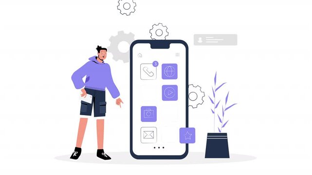 A detailed 2D vector animation illustrating mobile app features, development, and user interface designs.